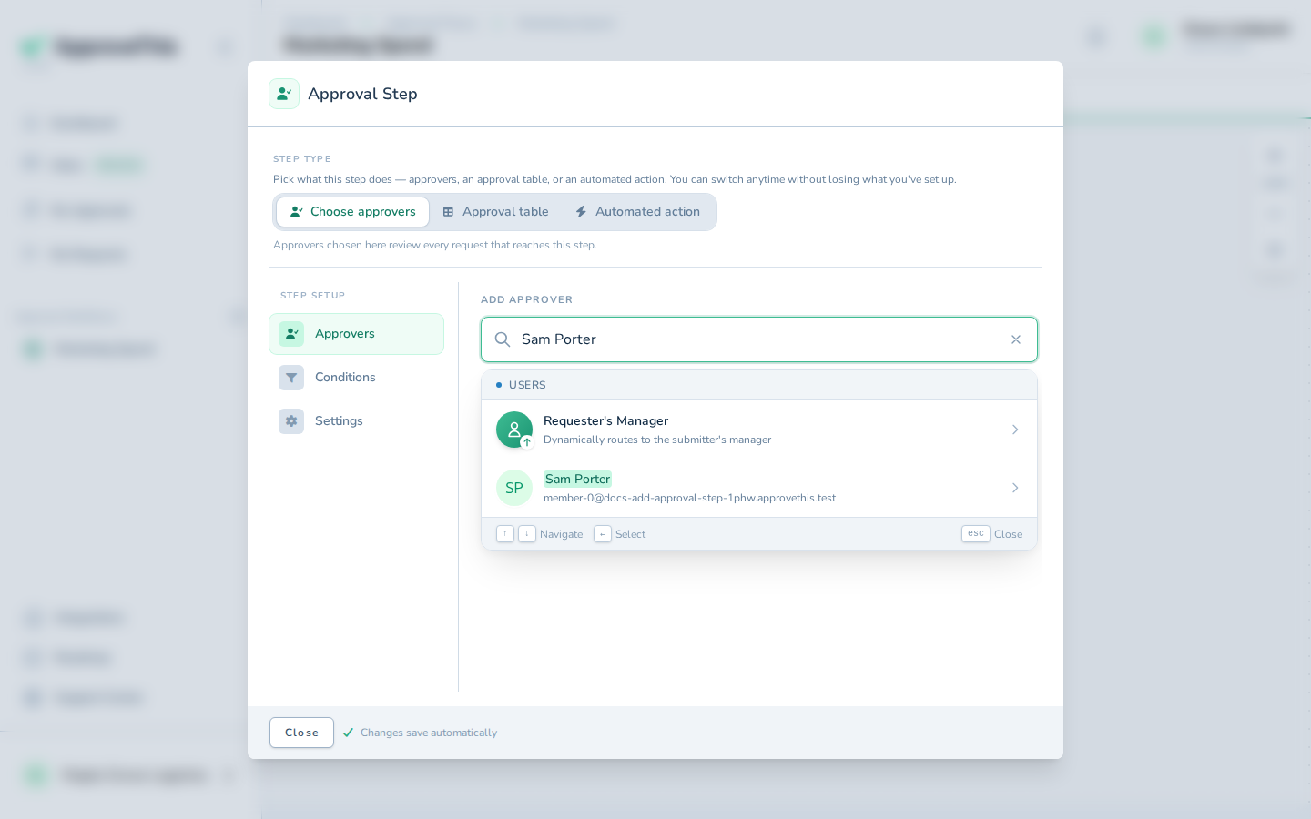 Typing a name into Search for an approver on the step; the example searches for Sam Porter, you'd search for your client contact