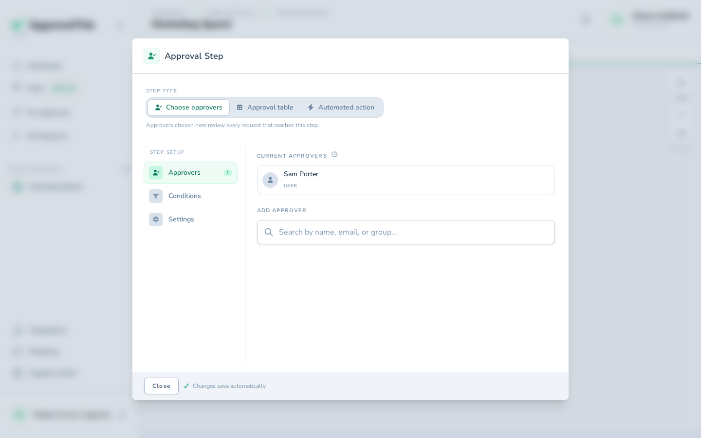 Adding an approver to a step — the example adds Sam Porter