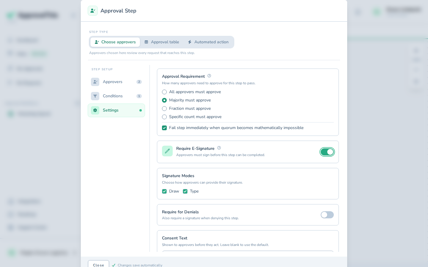 Requiring an e-signature in the step's settings, so approvers must sign before the step completes