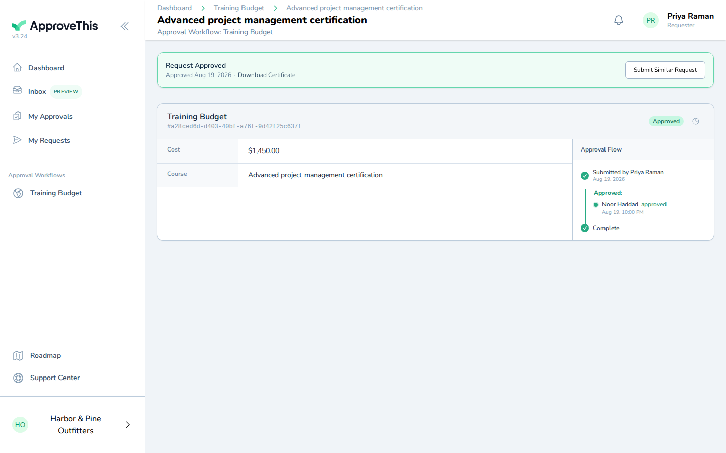 Downloading the approval certificate from the green approved bar on the request