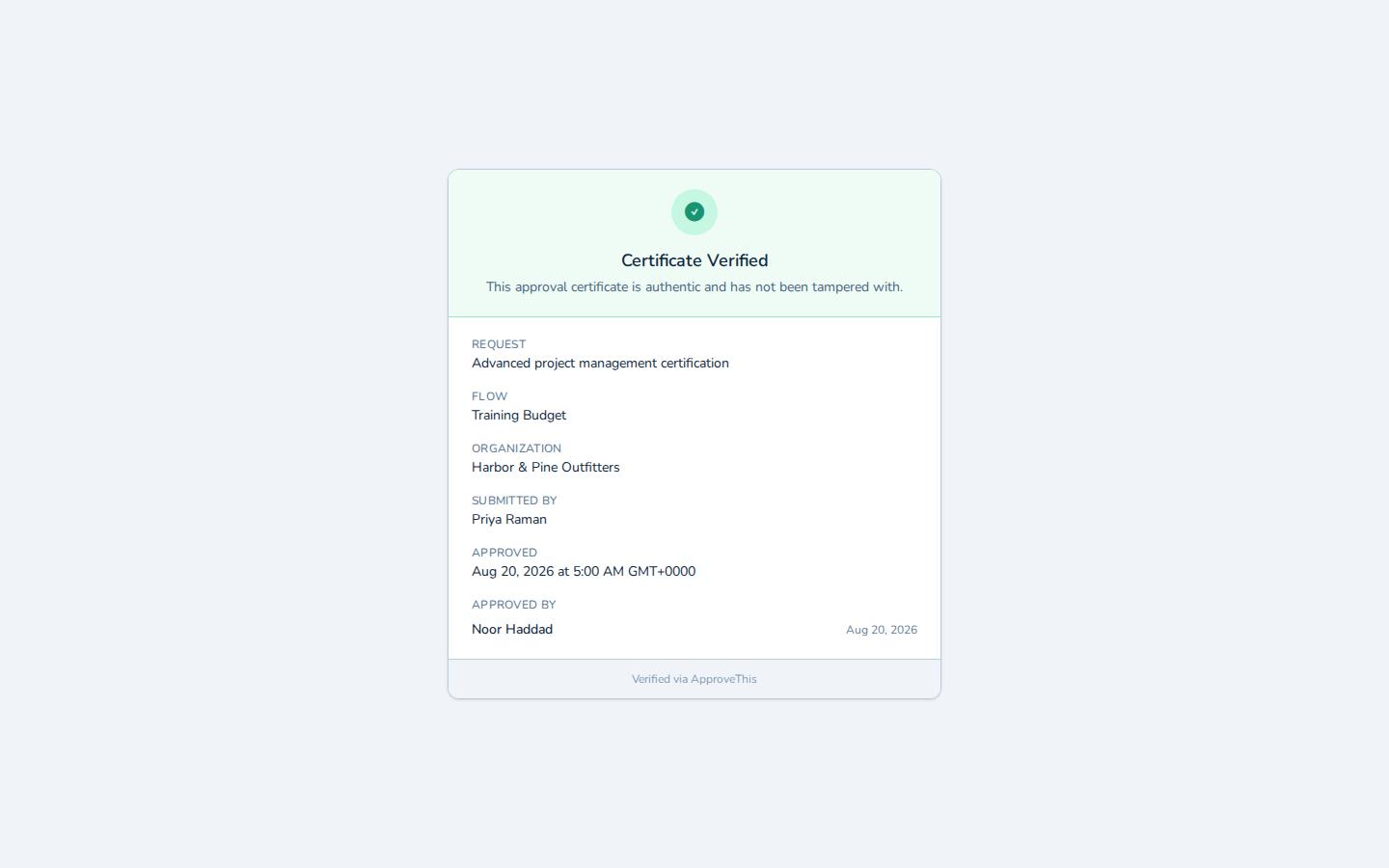 The public verification page confirming the certificate is genuine