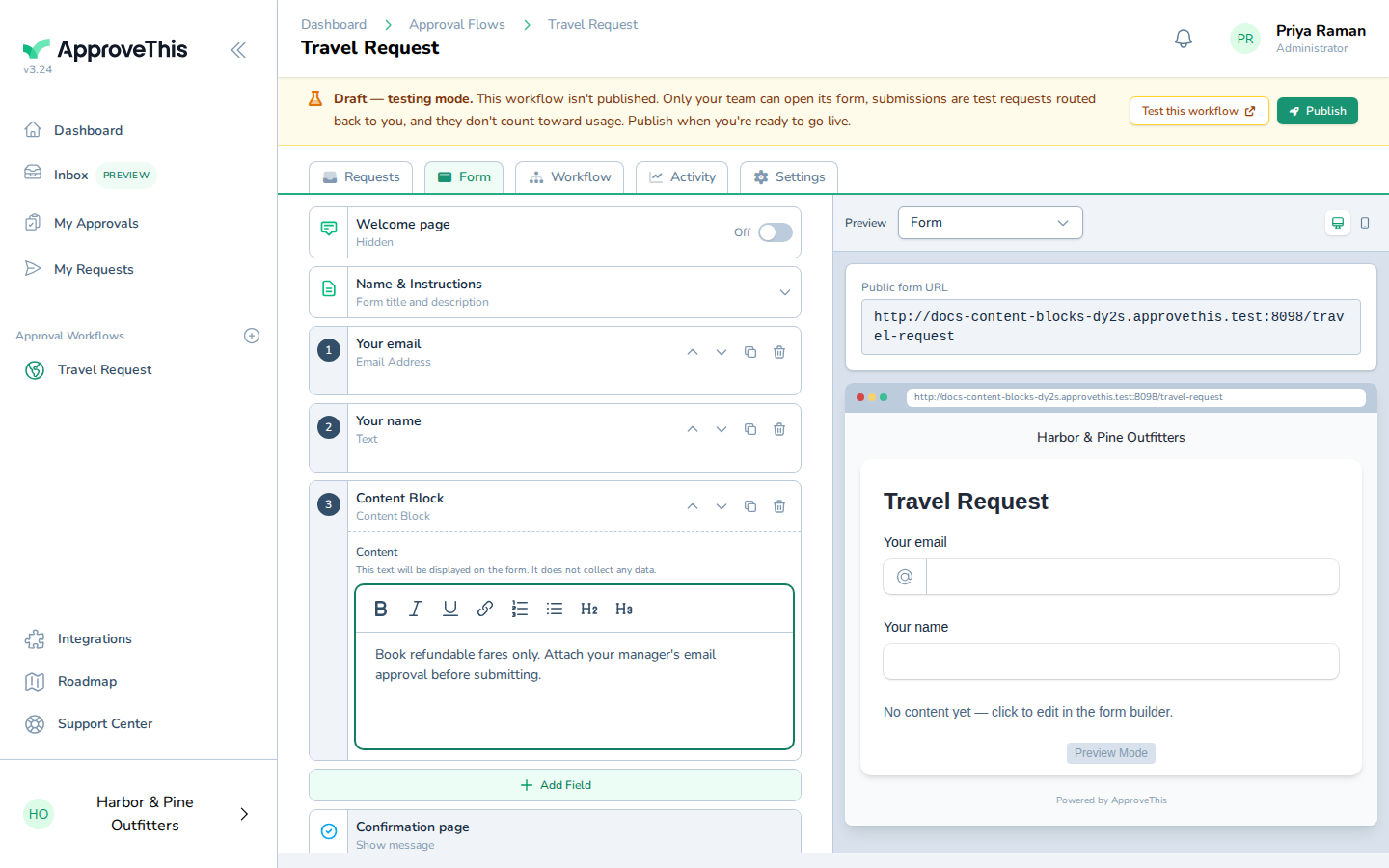 Screenshot for Write the instructions the Content Block should show: Type the guidance you want requesters to read at that point in the form — e.g., Book refund