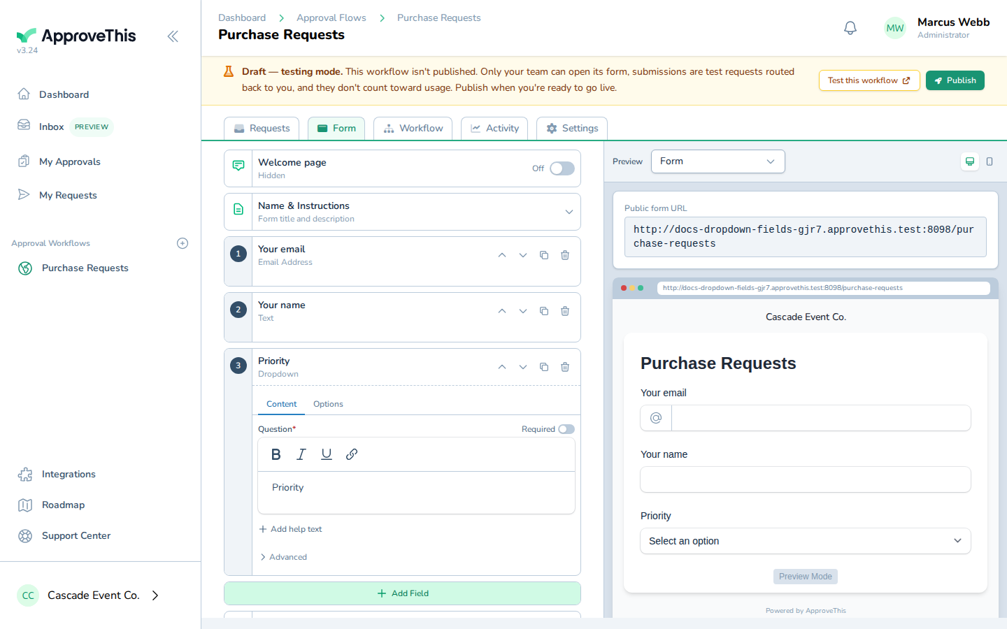 Screenshot for Open the Dropdown's Options tab and add its choices with Bulk edit: Open the Dropdown field you want to edit on the form (Priority in the example