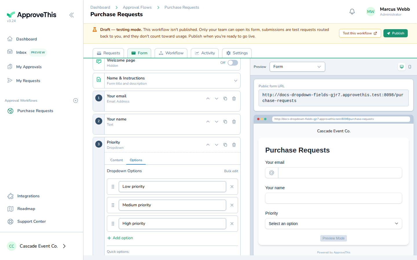 Screenshot for Open the Dropdown's Options tab and add its choices with Bulk edit: Click Save to write the choices to the field.