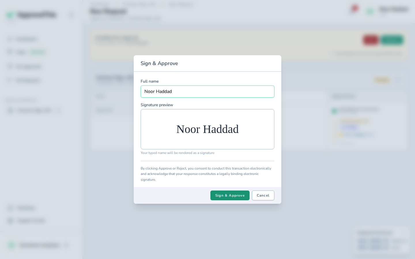 Typing the signer's name before the decision is saved — the example signs as Noor Haddad