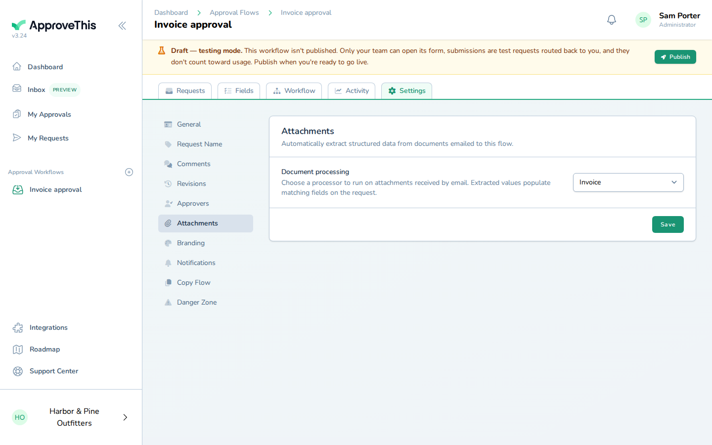 Choosing the Invoice document processor on the Attachments tab