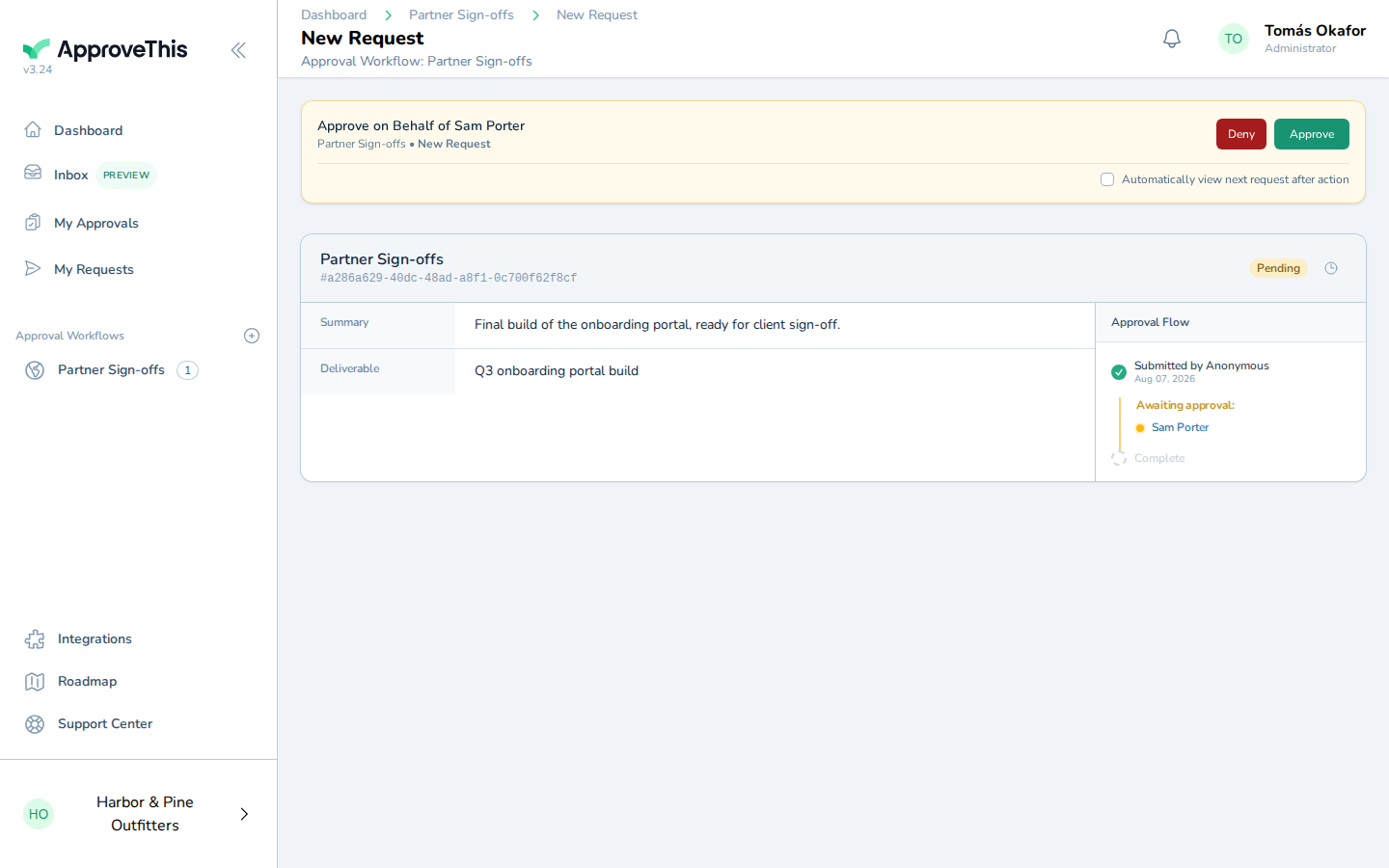 Submitting a request into the flow with New Request — the example uses a flow named Partner Sign-offs 1