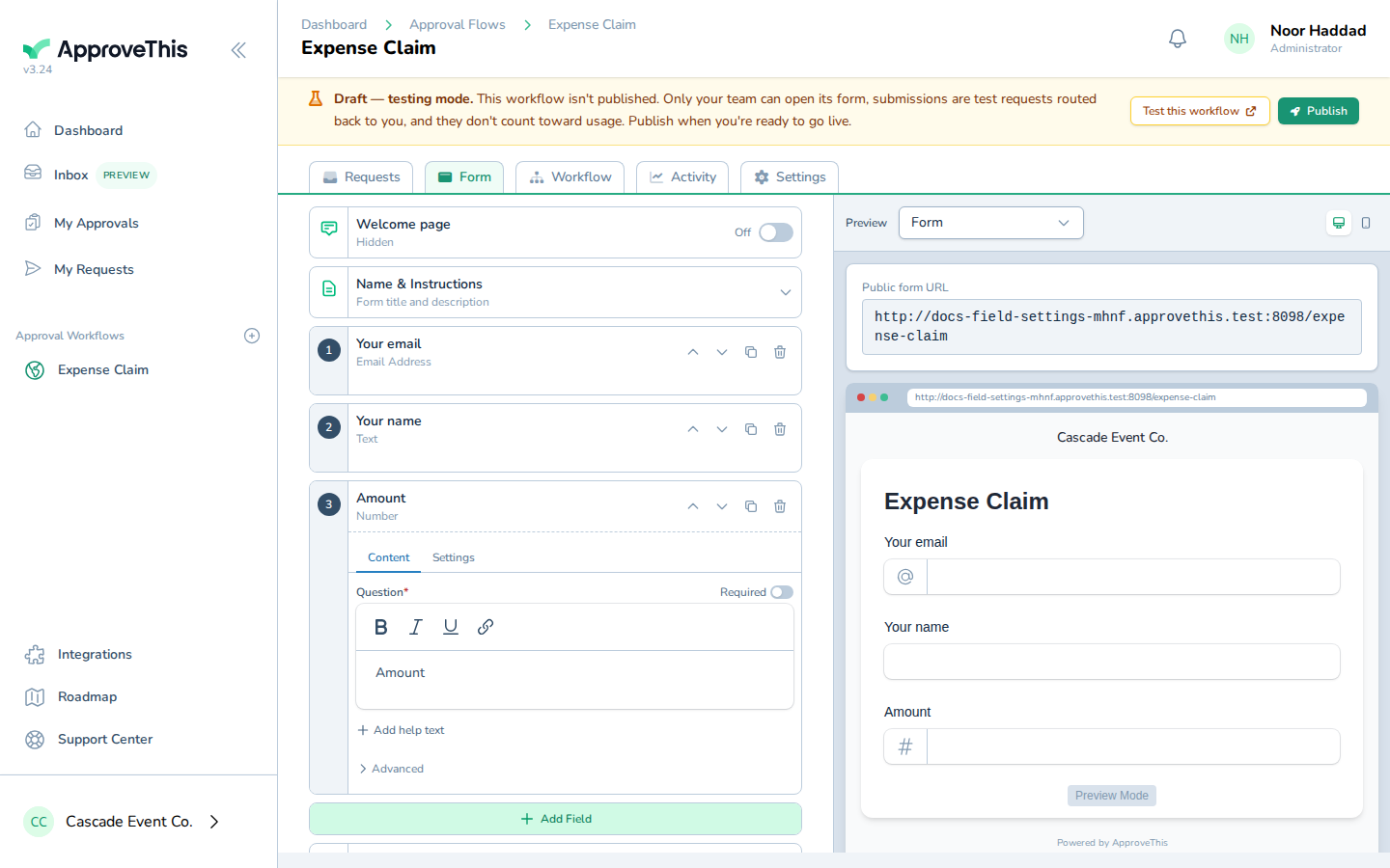 Screenshot for Put a minimum and maximum on the number field: Click the number field you want to bound (Amount in the example screenshots) to open its card.