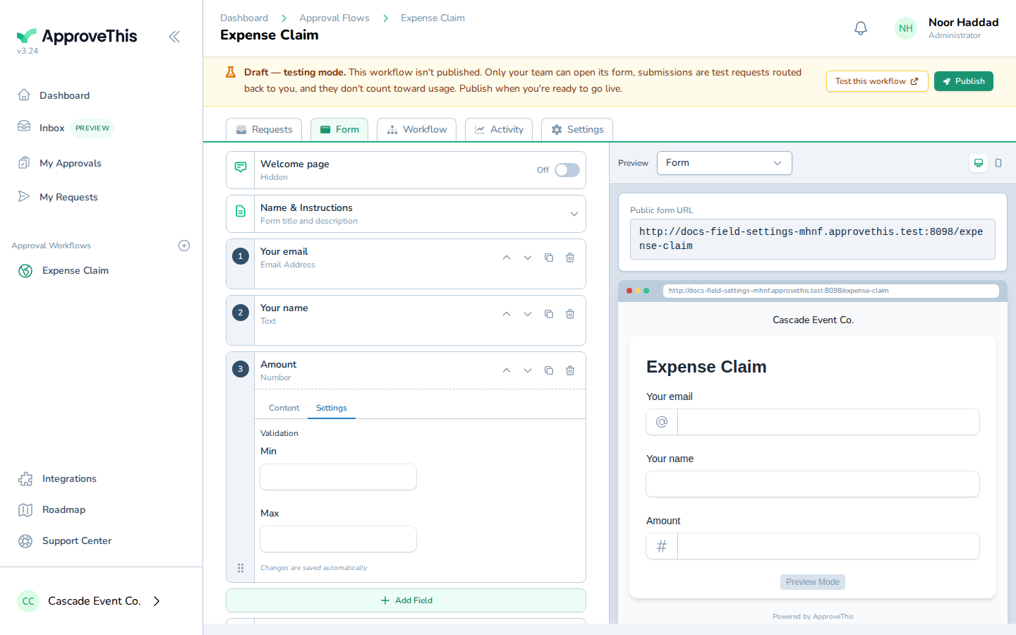Screenshot for Put a minimum and maximum on the number field: Click Settings to open the type-aware options for the field.