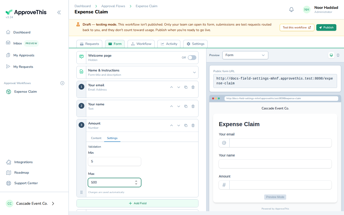 Screenshot for Put a minimum and maximum on the number field: In Max, enter the highest value a submitter may enter — the example uses 500.