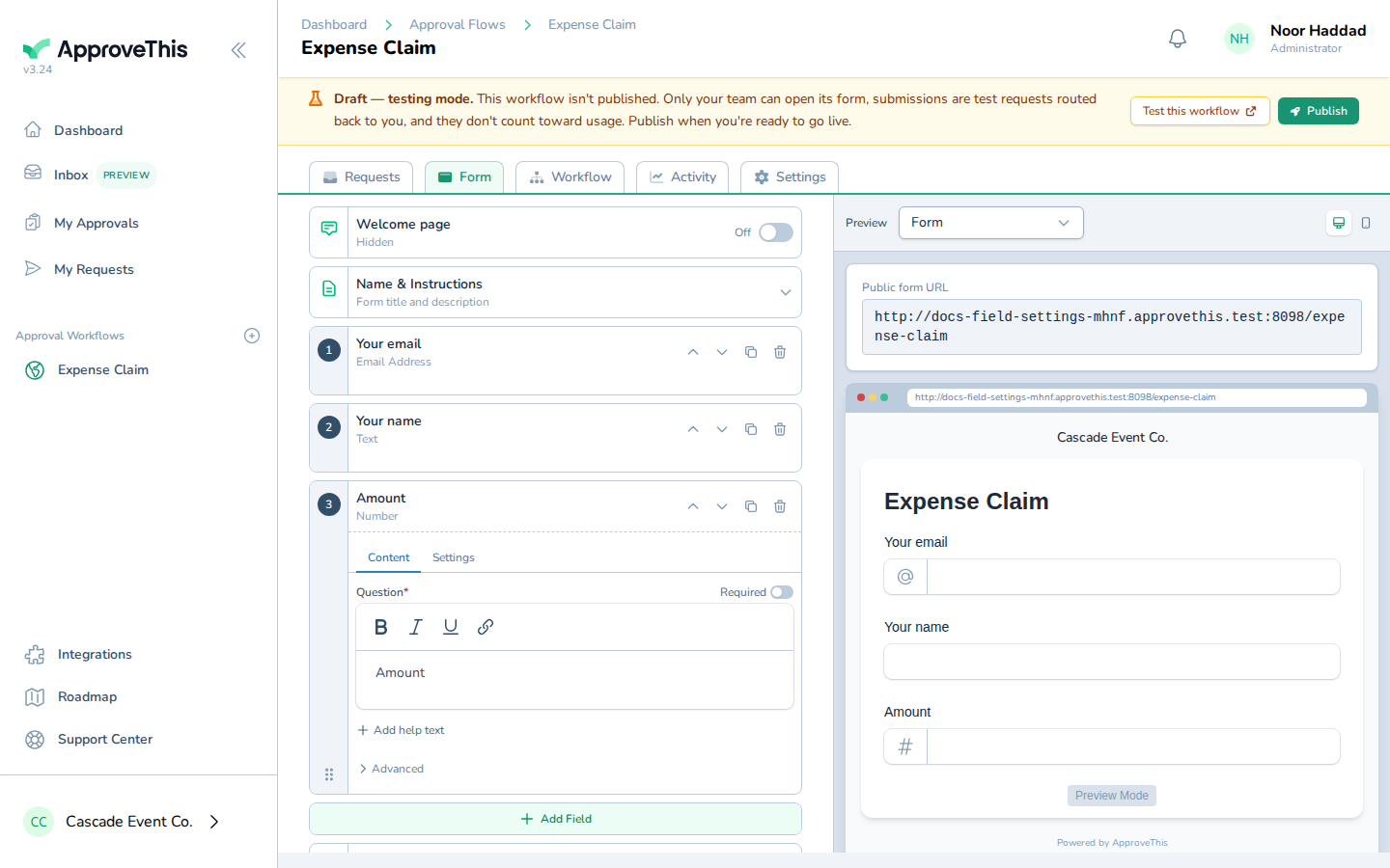 Screenshot for Change the number field's machine slug: Click Content to return to the field's question, help text, and advanced options.