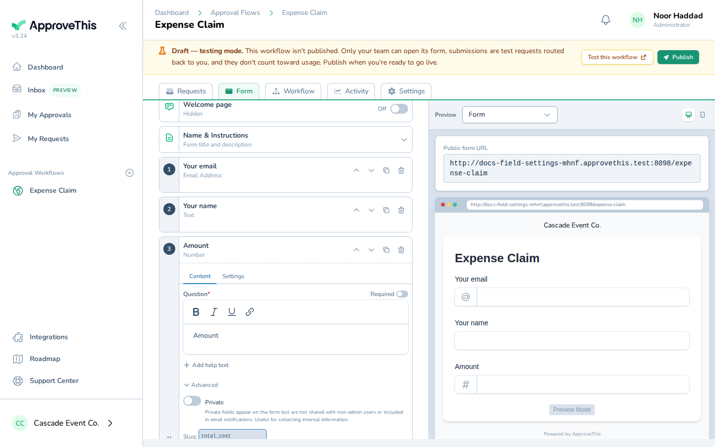 Screenshot for Change the number field's machine slug: In field_slug, enter the machine name you want formulas and routing rules to use for this field — the exa