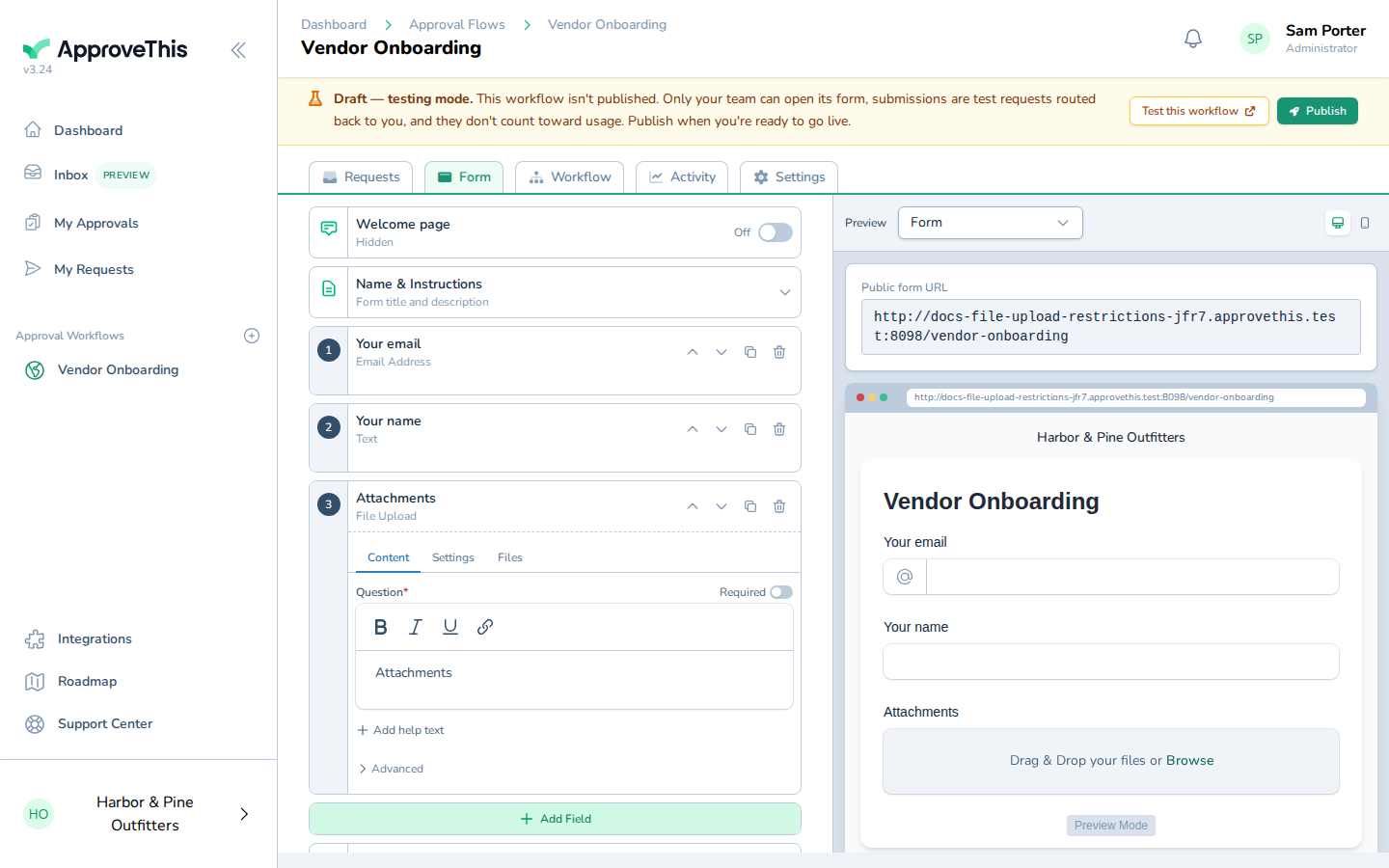 Screenshot for Restrict the field to the file types you accept: On the File Upload field card, click Attachments to open the field's settings.