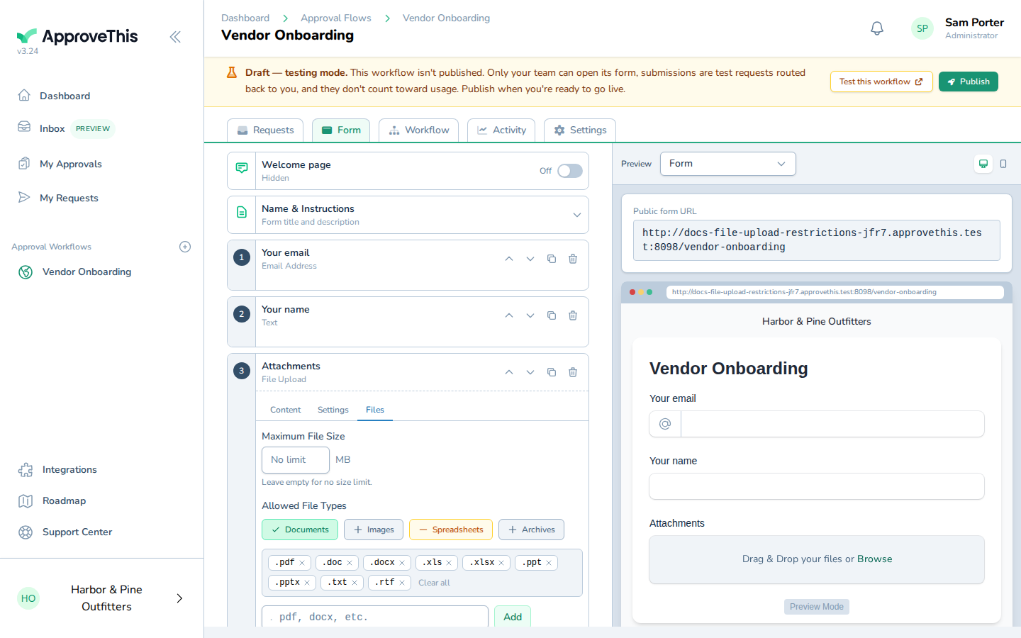 Screenshot for Restrict the field to the file types you accept: Tick Documents to accept the document file types in that group.