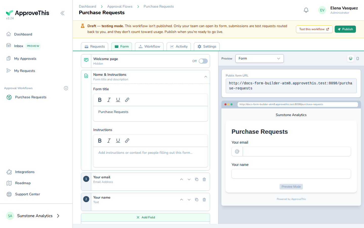Adding a field to the form — the example works in a Purchase Requests flow