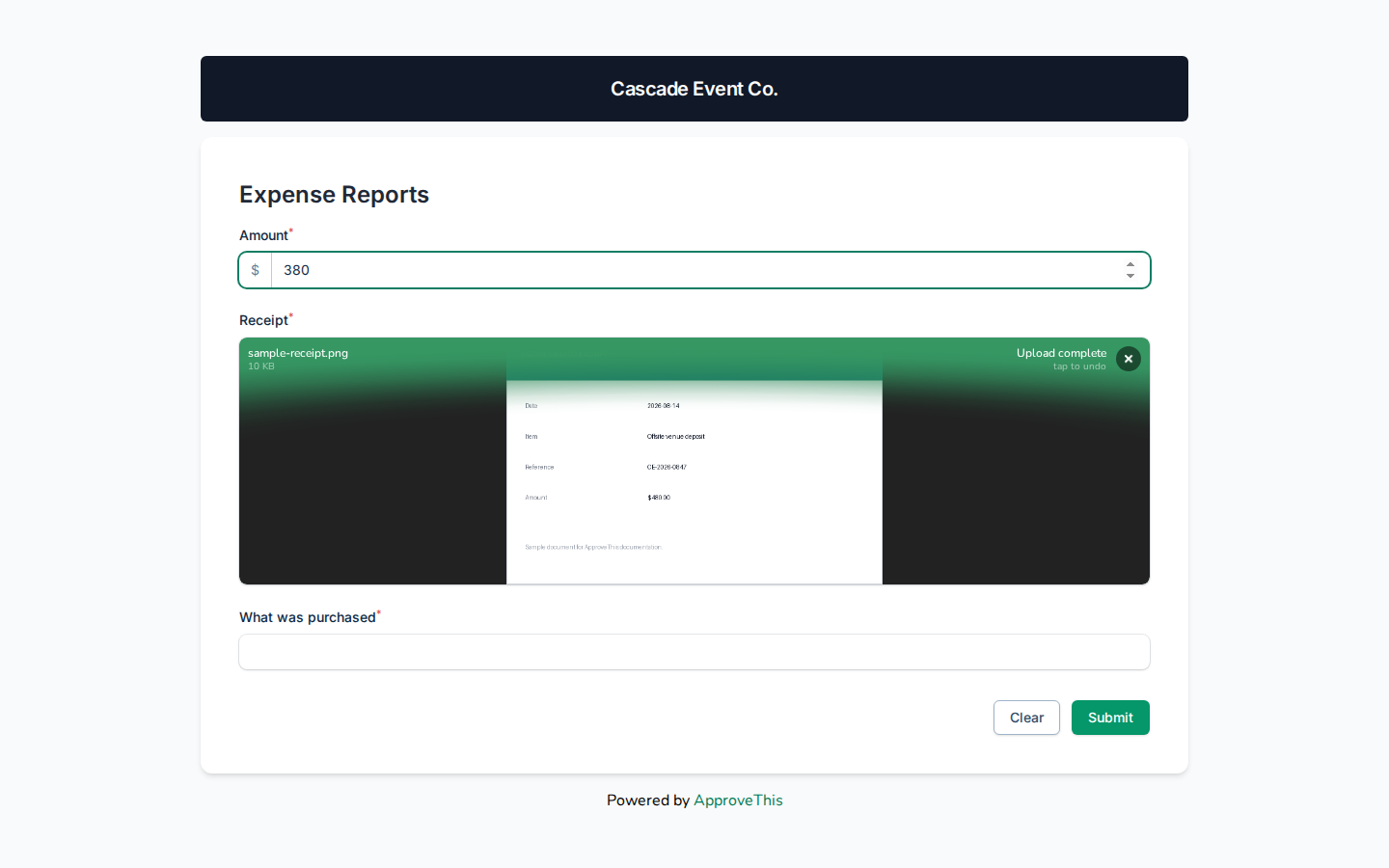 Attaching a file on the request form — the example uploads an expense receipt; yours would be site photos and the vendor quote