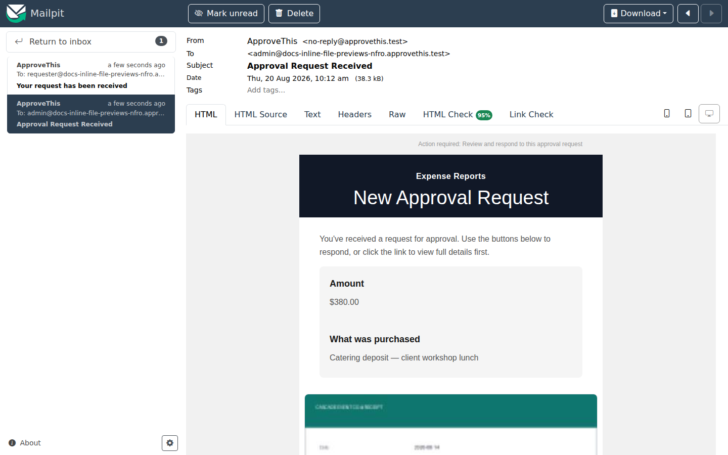 An approval email with the uploaded file previewed inline — the example shows a receipt from an Expense Reports flow