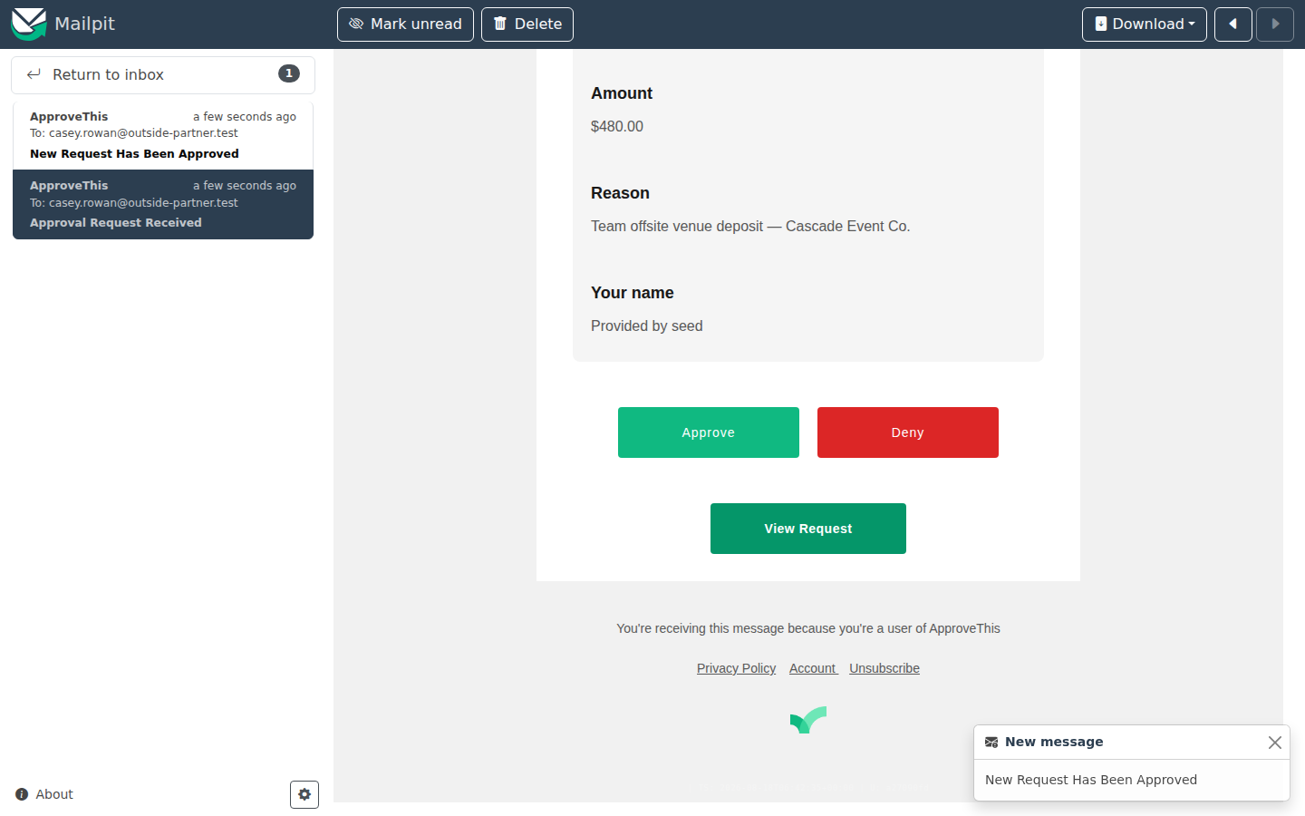 The Approve button inside the approval email records the decision without a separate sign-in