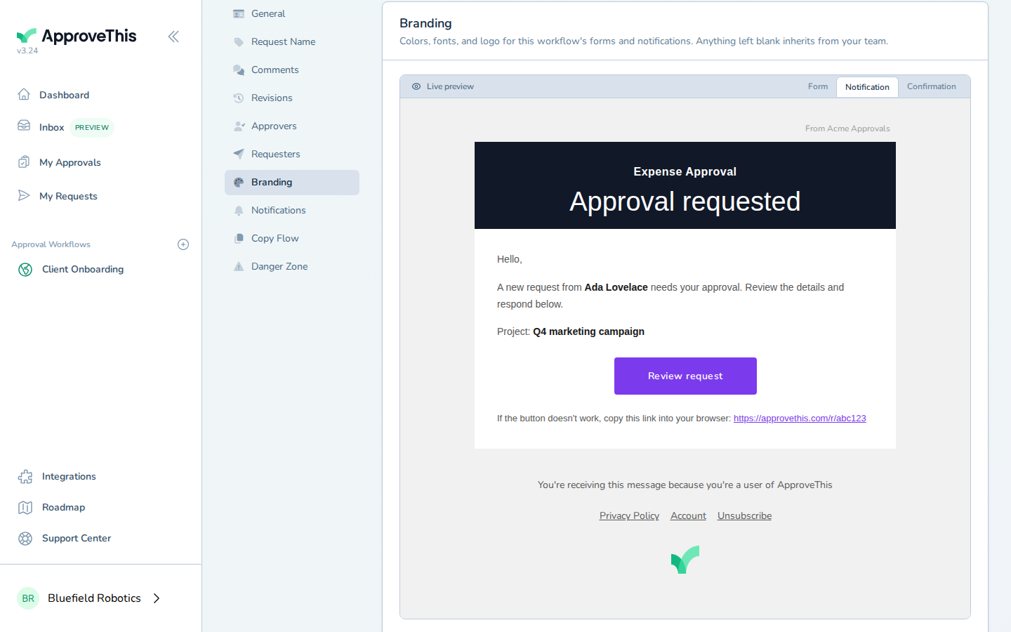 The Notification preview shows the branded approval email before you commit to it