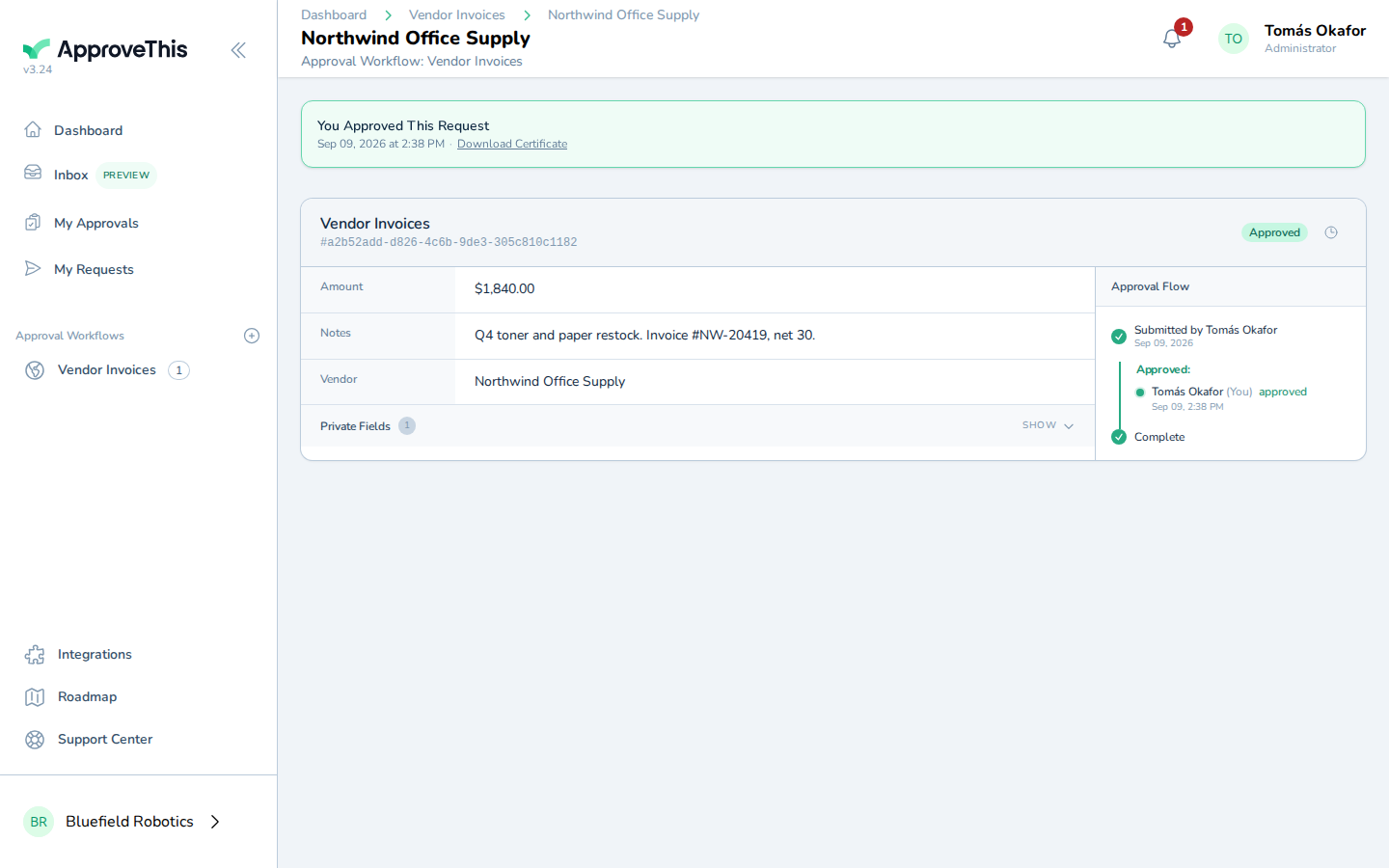 Screenshot for Open the request that arrived from Pabbly Connect and approve it: Click Approve to record your decision on the request.