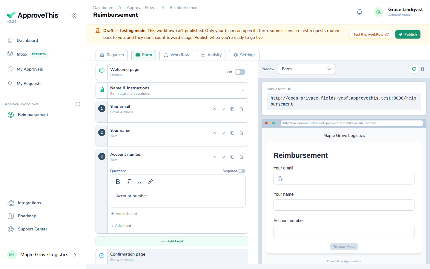 Screenshot for Mark the sensitive field Private: Click the card for the field whose answer should stay hidden — the example uses Account number.