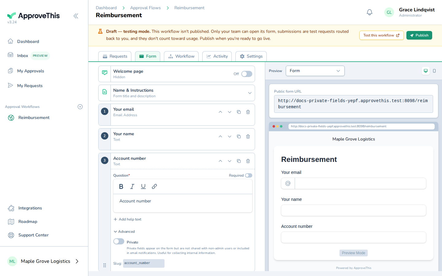 Screenshot for Mark the sensitive field Private: On the field's Content tab, click Advanced to open the advanced settings.