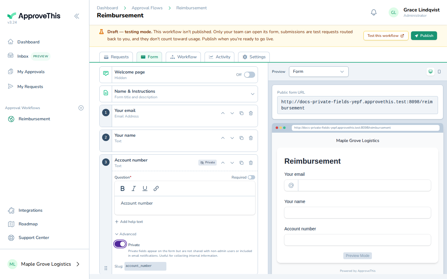 Screenshot for Mark the sensitive field Private: Click Private. The switch's on-screen note confirms the behavior: private fields appear on the form but are not