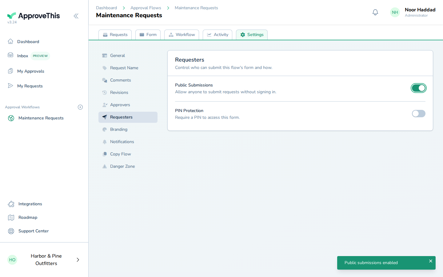 Turning on Public Submissions from the flow's Requesters settings