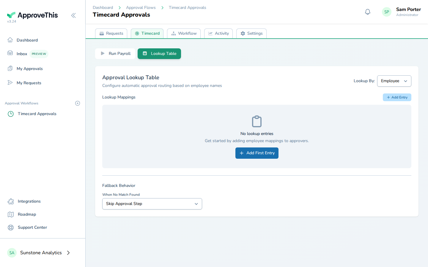 The Lookup Table sub-tab on the timecard workflow