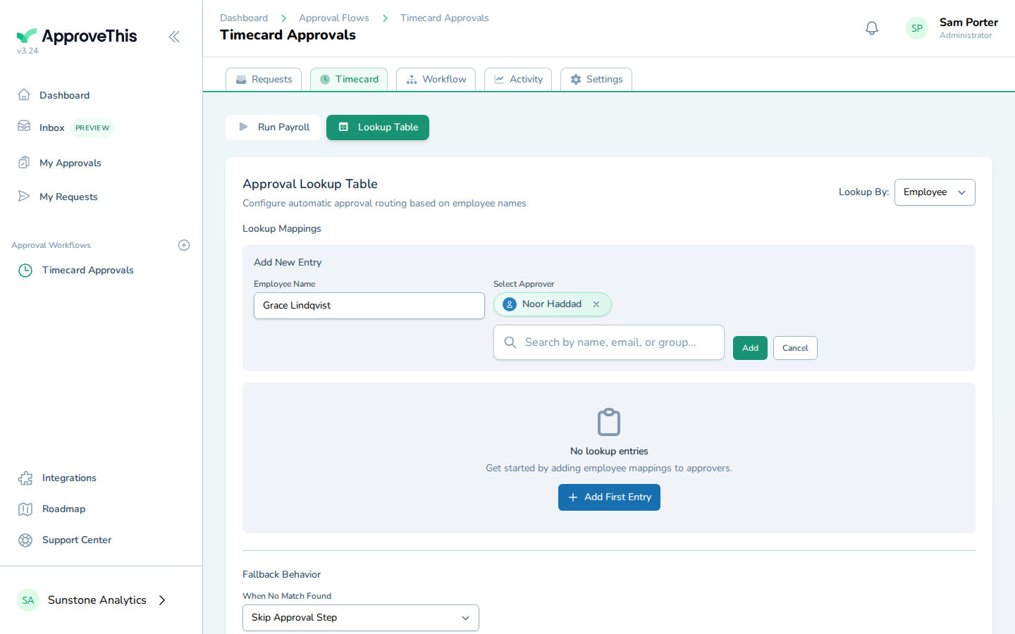 Selecting the approver who will receive this employee's timecards