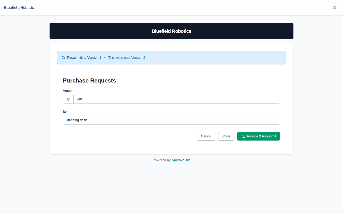 Edit & Resubmit on a returned request — the example works a Standing desk purchase