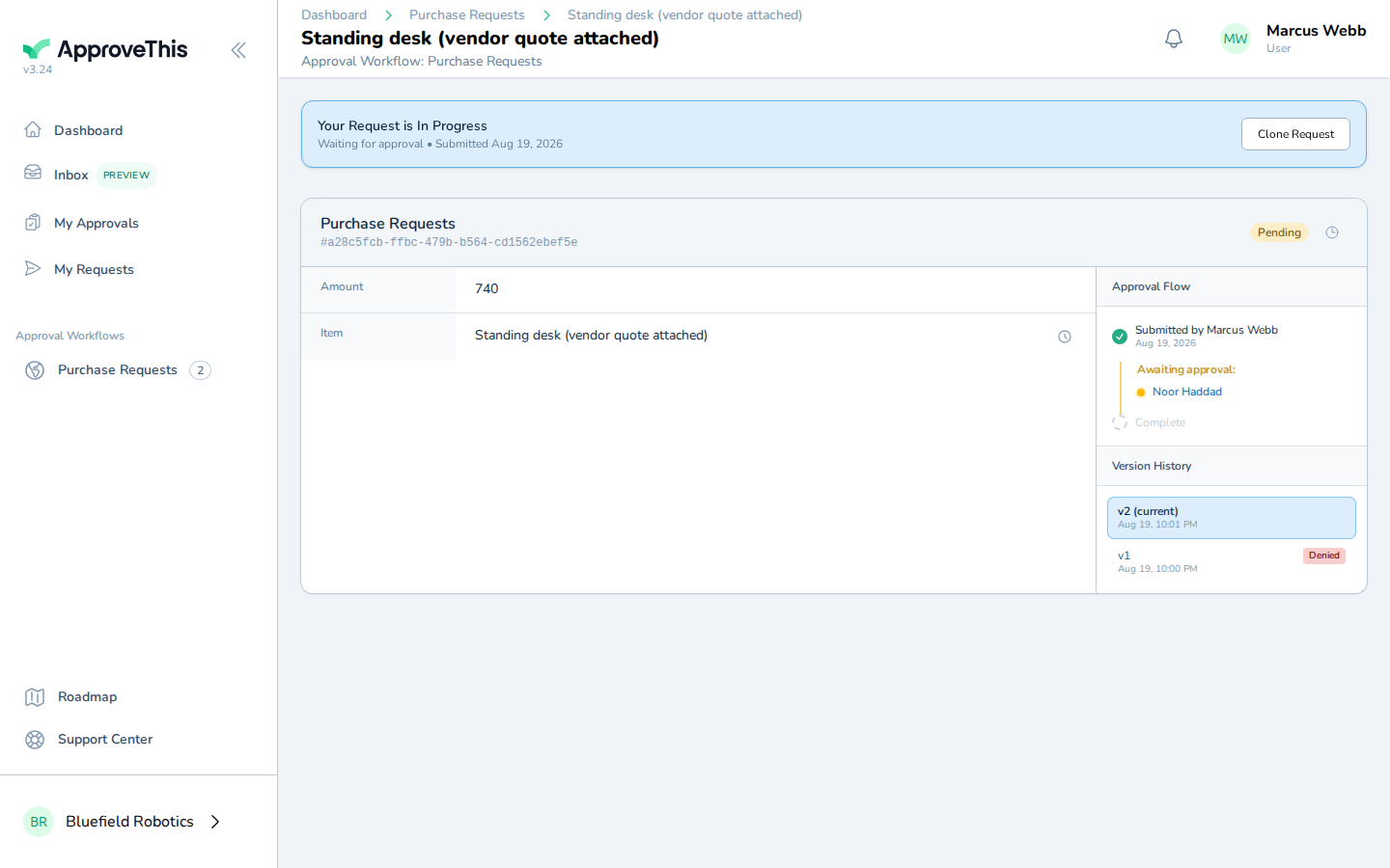 The resubmitted request in My Requests — opening it shows the new current version