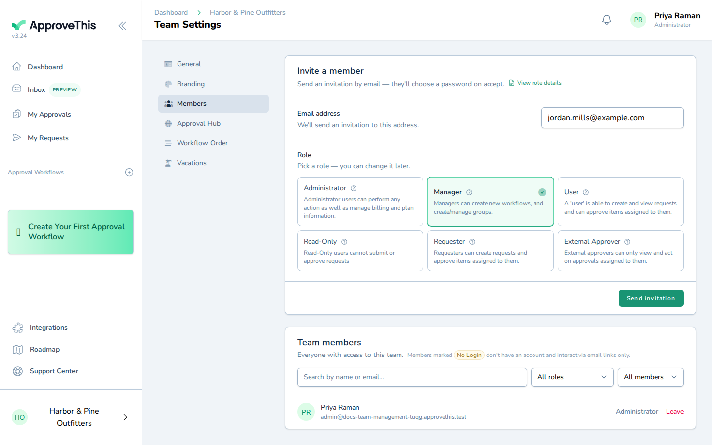 Choosing the invitee's role — the example screenshot has the Manager role selected; for a client, pick External Approver