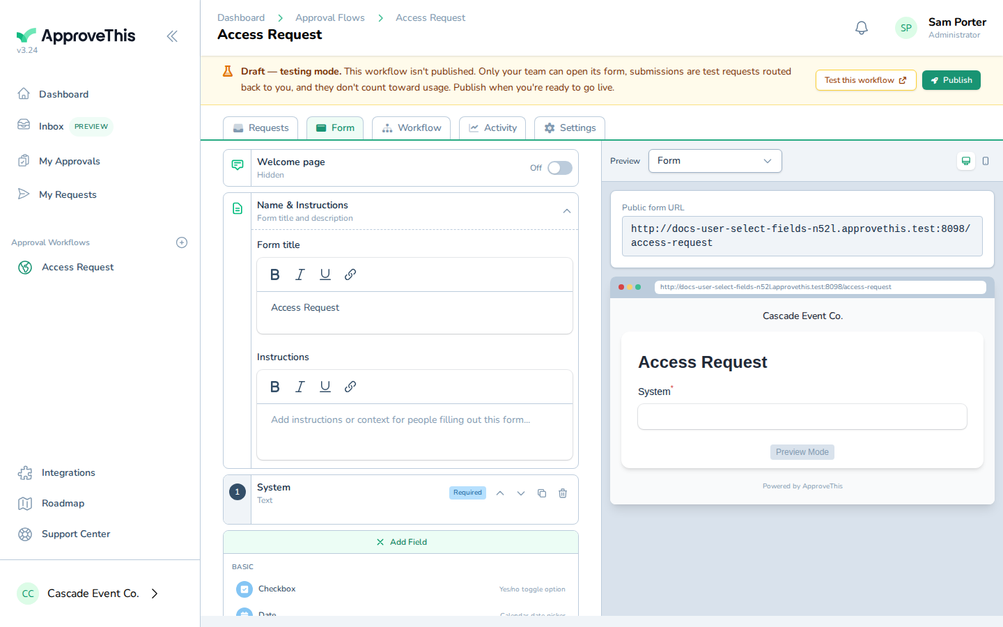Screenshot for Add a User Selection field so the requester can pick a person: Click Add Field to open the field palette.