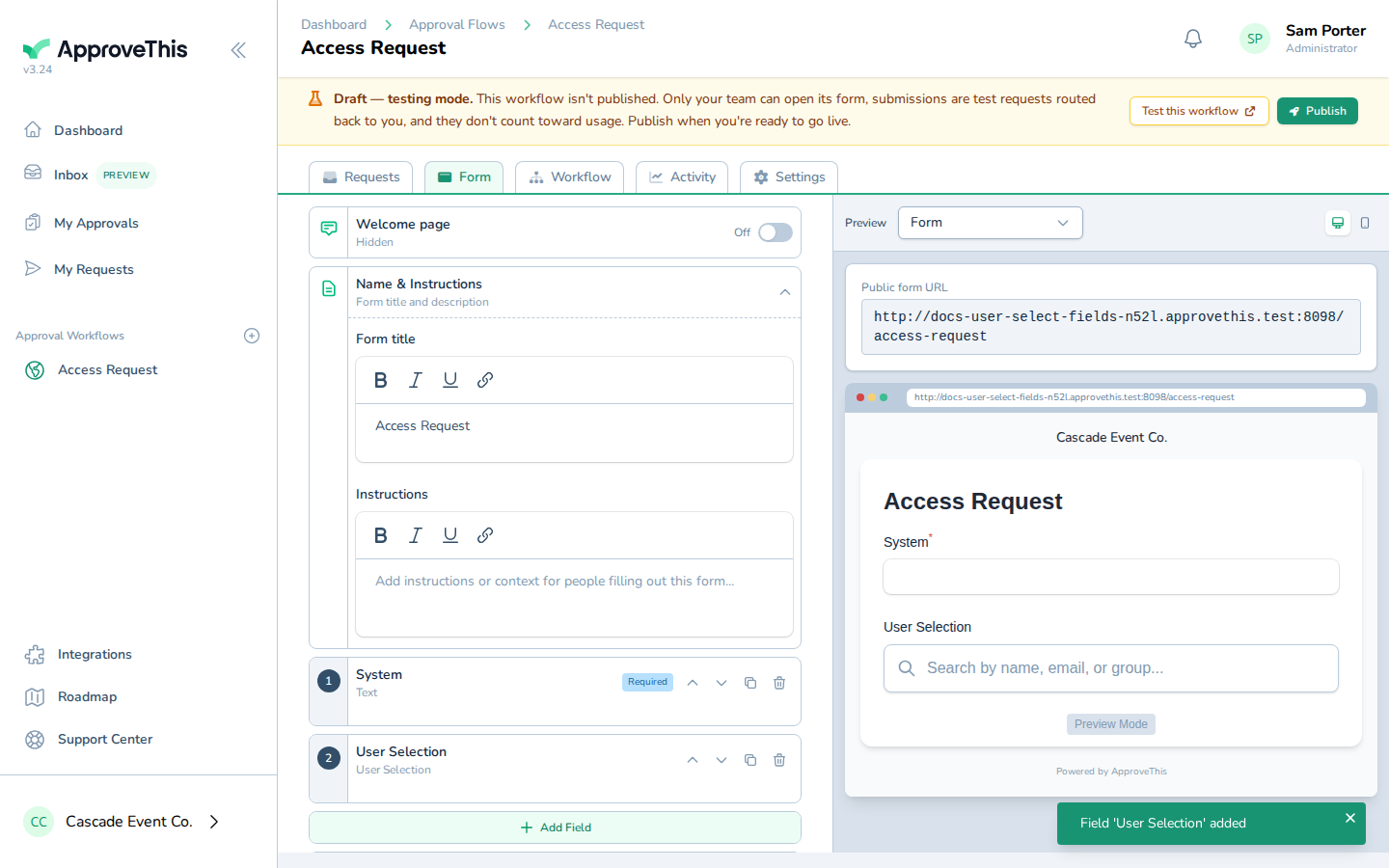 Screenshot for Add a User Selection field so the requester can pick a person: Click User Selection in the palette's Advanced group to add the people-picker to t