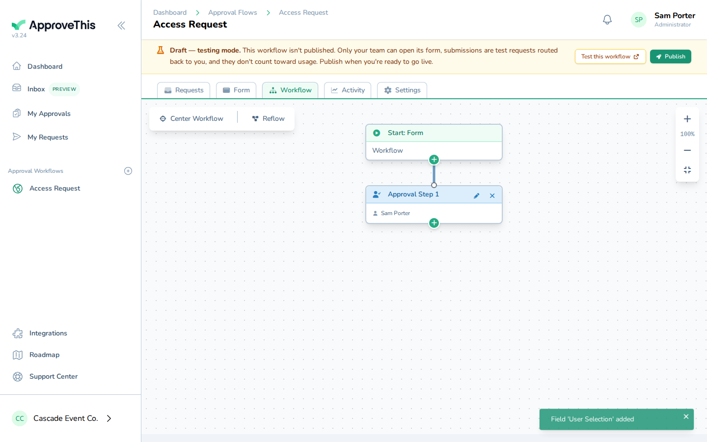 Screenshot for Route an approval step to the person the requester picks: Click Workflow to switch to the workflow's approval steps.