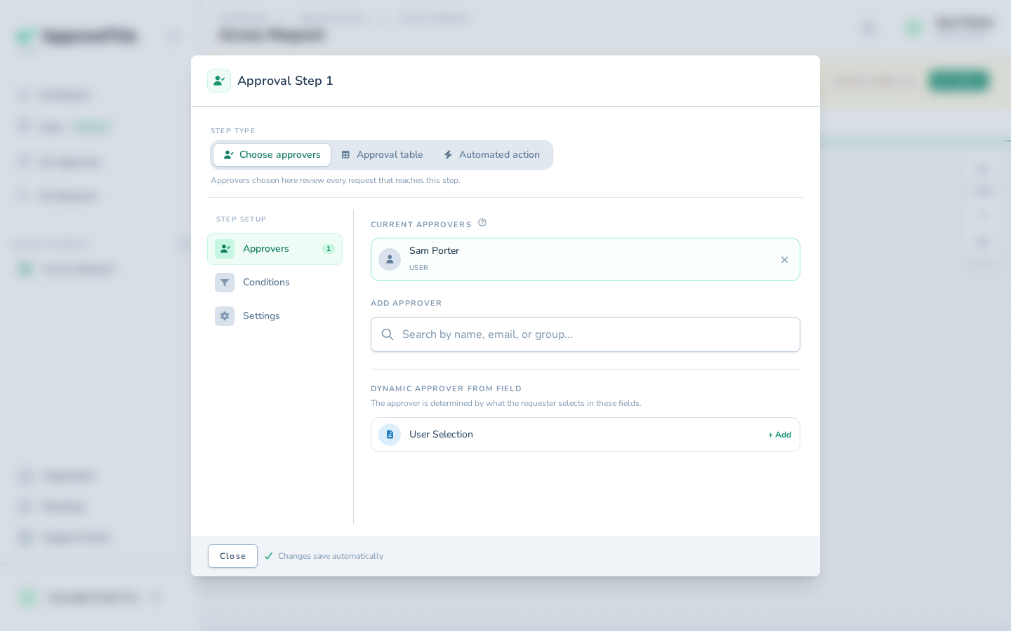 Screenshot for Route an approval step to the person the requester picks: Click Configure step on the approval step that should route to the person the requester