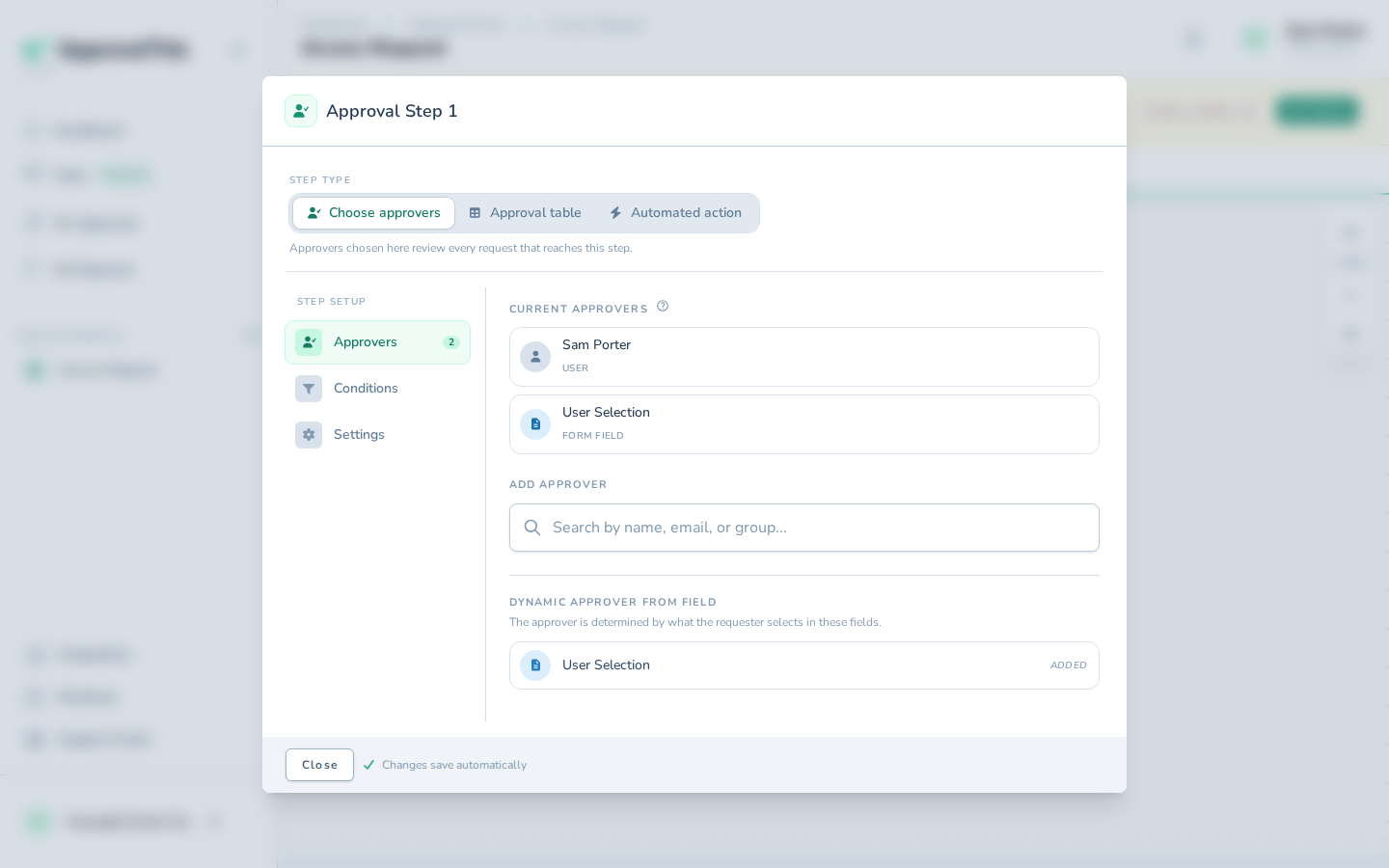 Screenshot for Route an approval step to the person the requester picks: Click + Add to add the approver for this step, and choose the User Selection field so t