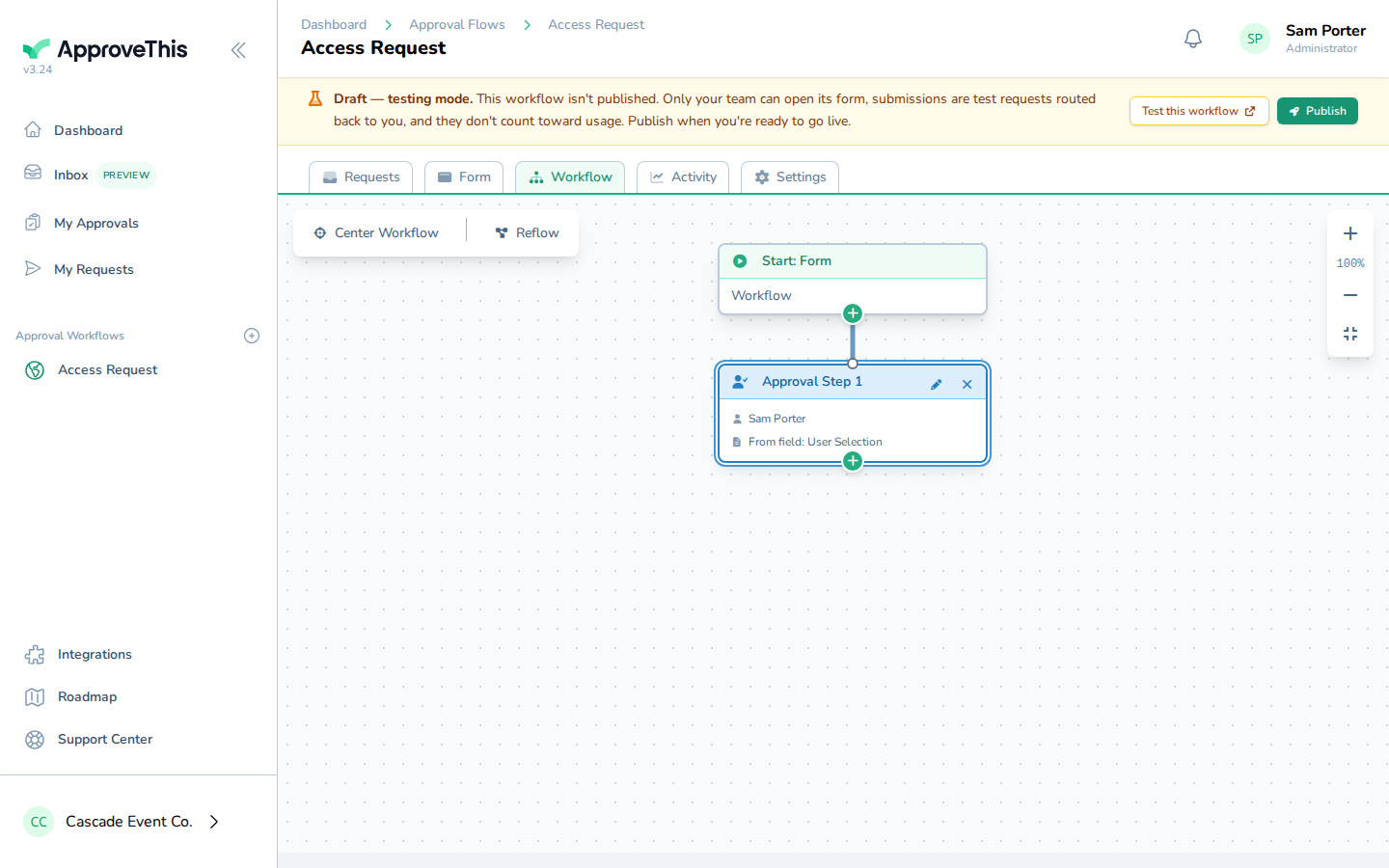 Screenshot for Route an approval step to the person the requester picks: Click Close to close the step configuration.