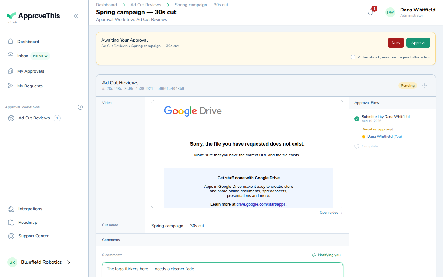 Typing timestamped feedback; the example note reads "The logo flickers here — needs a cleaner fade"