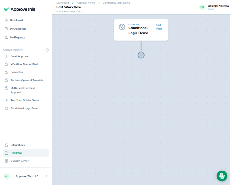 ApproveThis workflow editor showing visual approval flow with conditional routing between form and approval steps