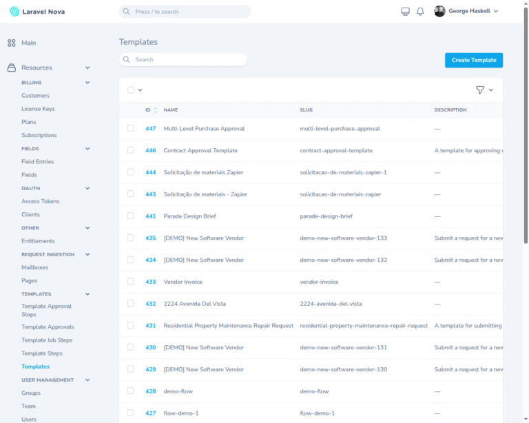 Approval workflow dashboard displaying multiple approval templates and kanban view