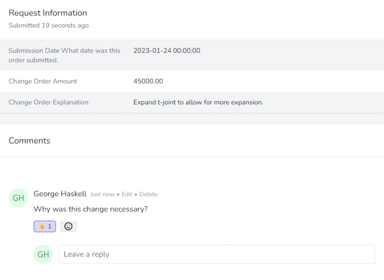 Approval comments thread showing team discussion and feedback on a change order request