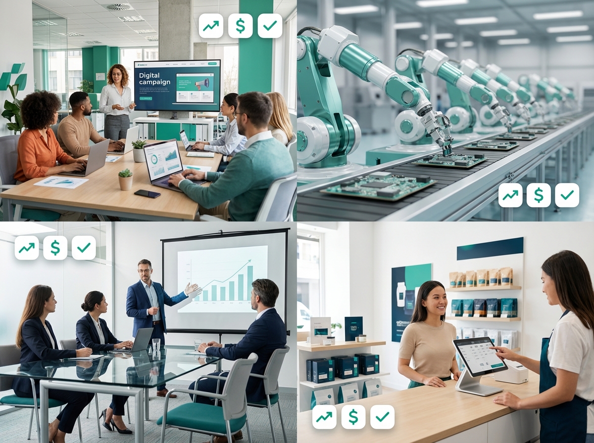 Collage showing four SMB business types - marketing agency, manufacturing, professional services, and retail - with efficiency icons