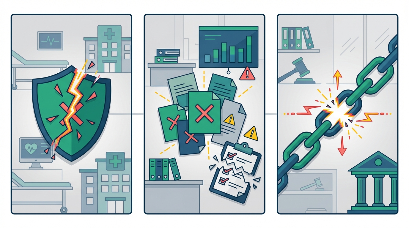 Three-panel illustration showing compliance risks: cracked HIPAA shield, scattered audit papers, and broken chain-of-custody links