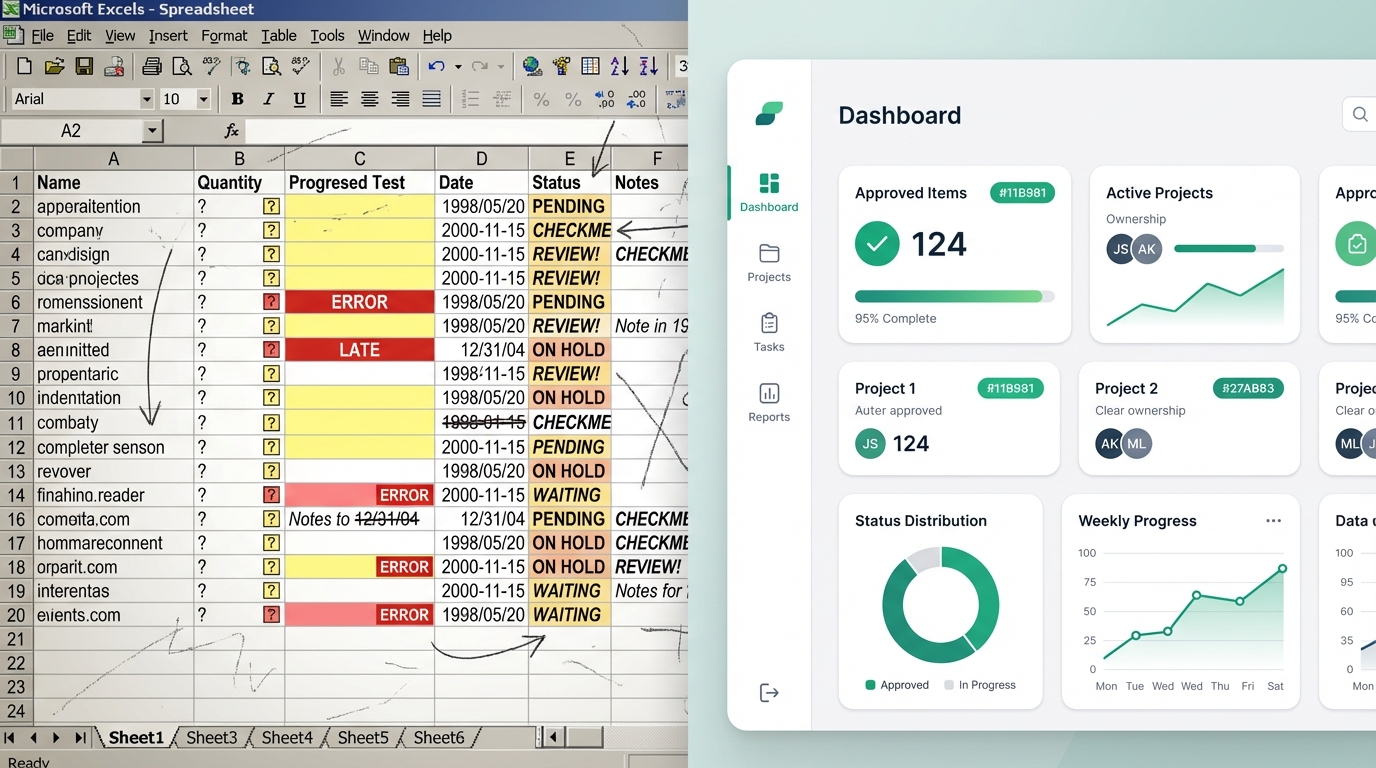 Side-by-side comparison showing messy spreadsheet with status confusion versus clean ApproveThis dashboard with organized approval tracking