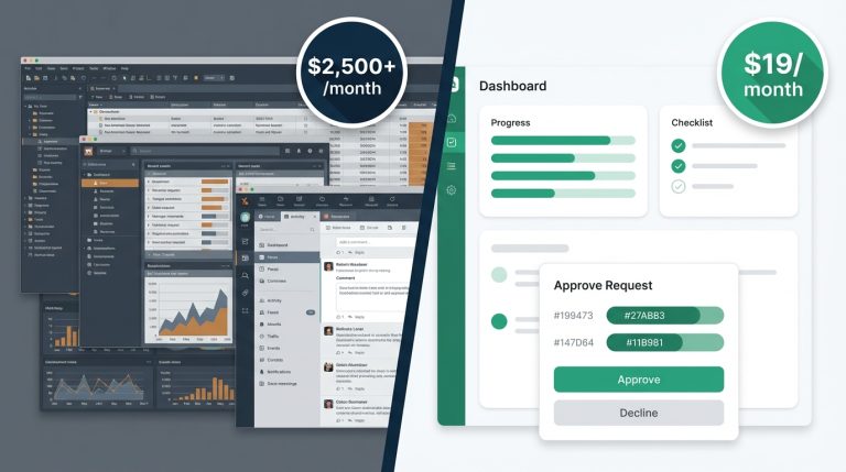 Split-screen comparison: complex enterprise software at $2,500/month versus simple ApproveThis interface at $19/month