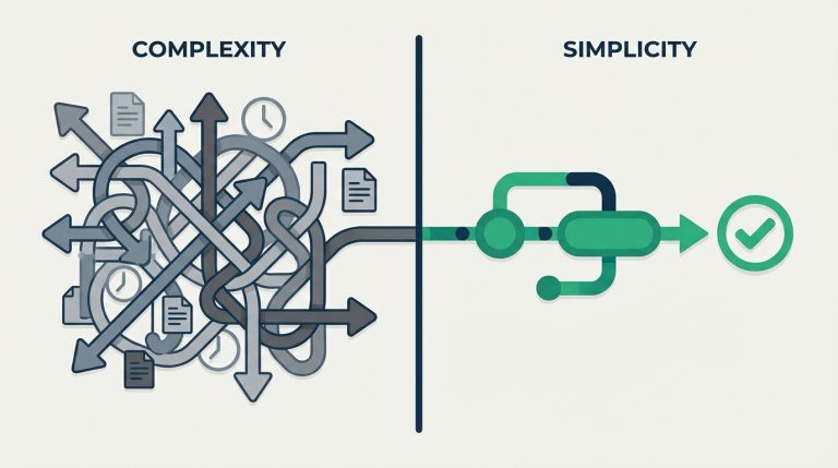 Split illustration contrasting tangled workflow chaos in gray with clean simple approval path in green
