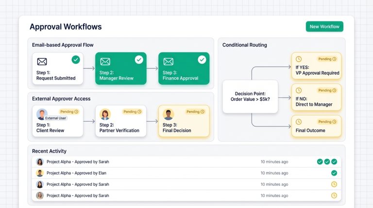 Modern approval workflow dashboard showing three parallel tracks for email approvals, external access, and conditional routing with green and yellow status indicators