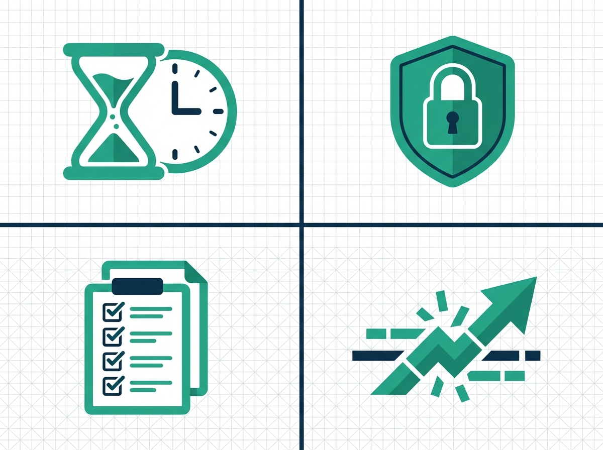 Four-quadrant infographic showing productivity, security, compliance, and scalability icons in teal and navy flat design